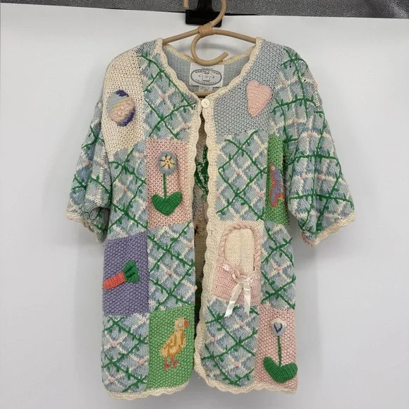 Vintage Crochet Storytelling Spring Bunny Chicks Cardigan Size L Eagle Eye 1995 - Picture 13 of 16